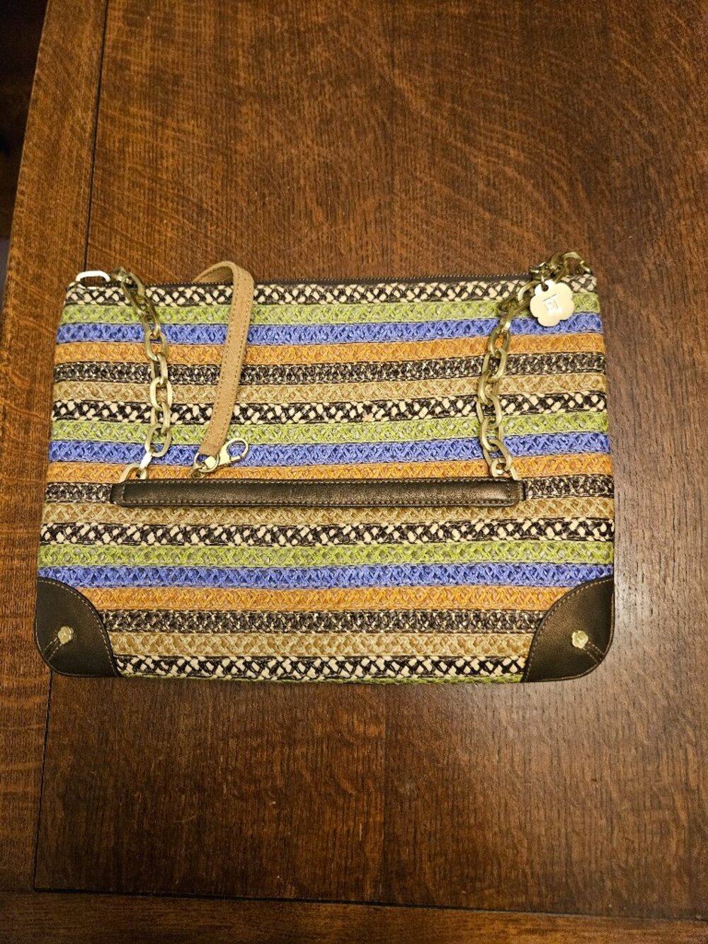 Eric Jarvits New York Woven Shoulder Bag With Brown Leather Accents Zip Closure